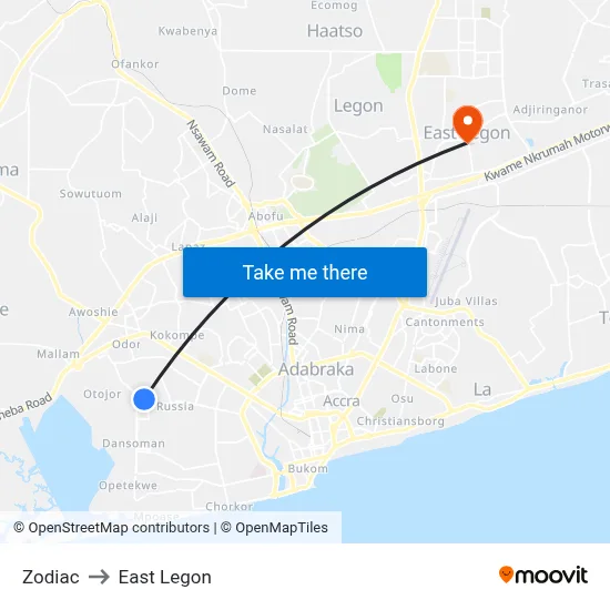Zodiac to East Legon map