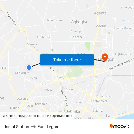 Isreal Station to East Legon map