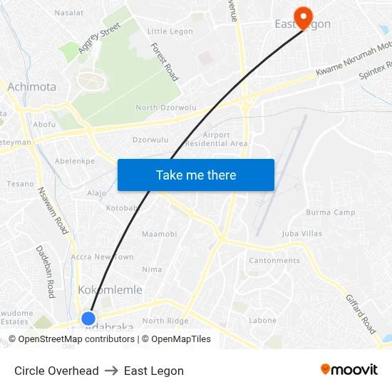 Circle Overhead to East Legon map