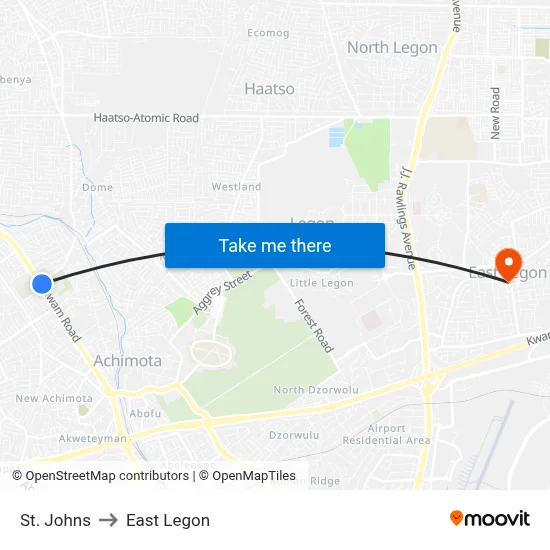 St. Johns to East Legon map