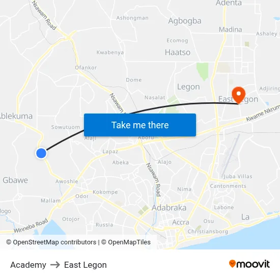Academy to East Legon map