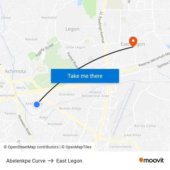 Abelenkpe Curve to East Legon map
