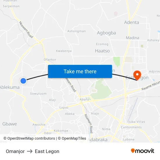 Omanjor to East Legon map