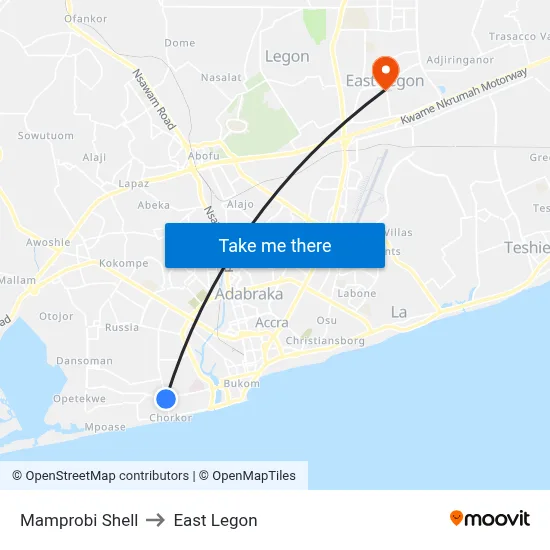 Mamprobi Shell to East Legon map