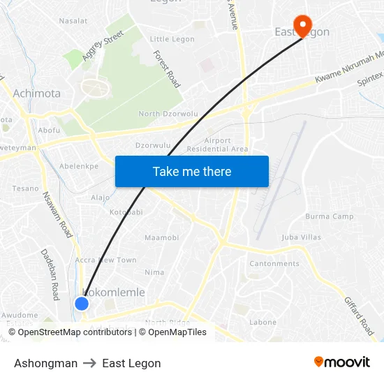 Ashongman to East Legon map