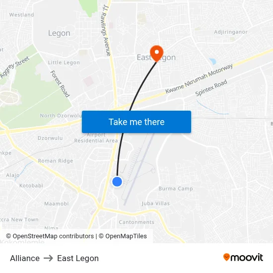 Alliance to East Legon map