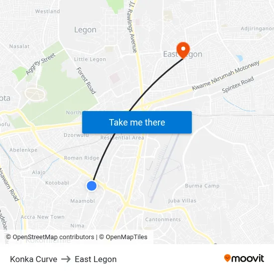 Konka Curve to East Legon map