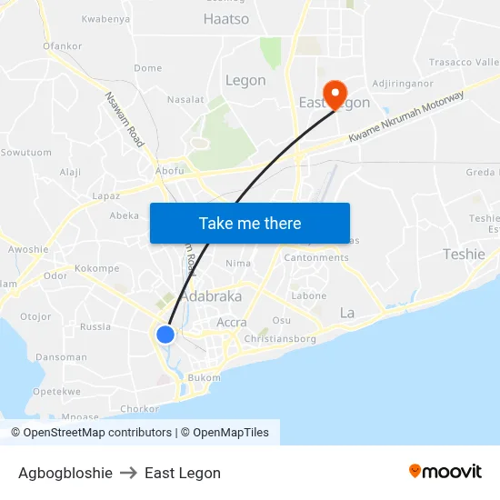 Agbogbloshie to East Legon map