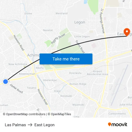 Las Palmas to East Legon map