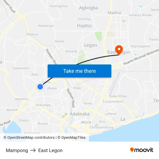 Mampong to East Legon map