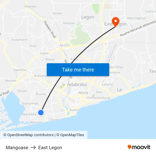 Mangoase to East Legon map