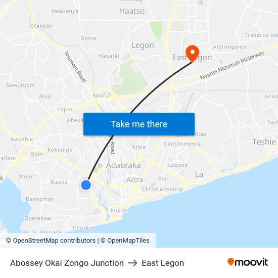 Abossey Okai Zongo Junction to East Legon map