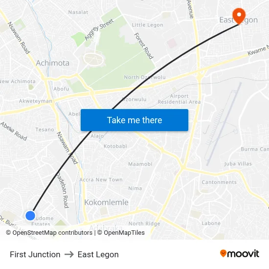 First Junction to East Legon map