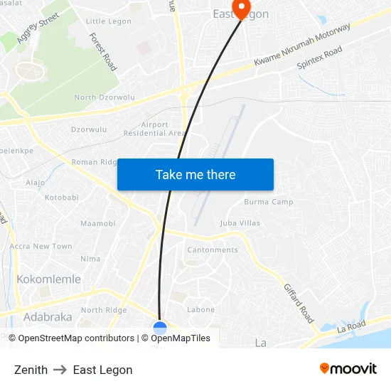 Zenith to East Legon map