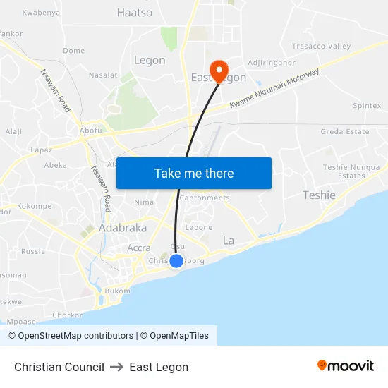 Christian Council to East Legon map