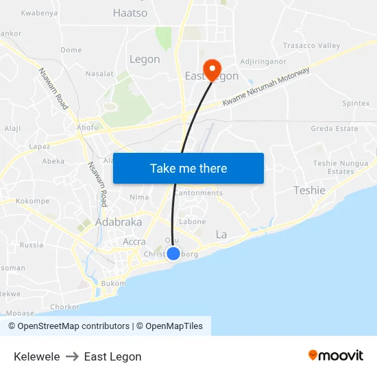 Kelewele to East Legon map