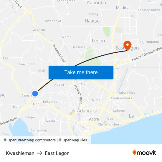 Kwashieman to East Legon map