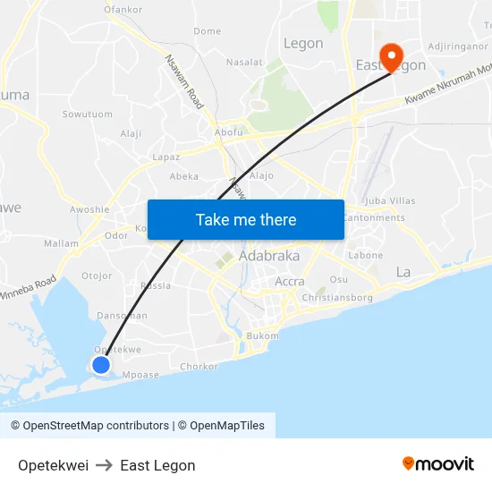 Opetekwei to East Legon map