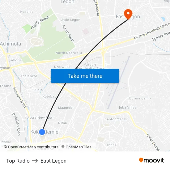 Top Radio to East Legon map