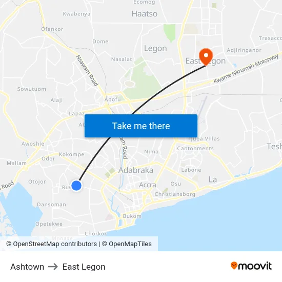 Ashtown to East Legon map