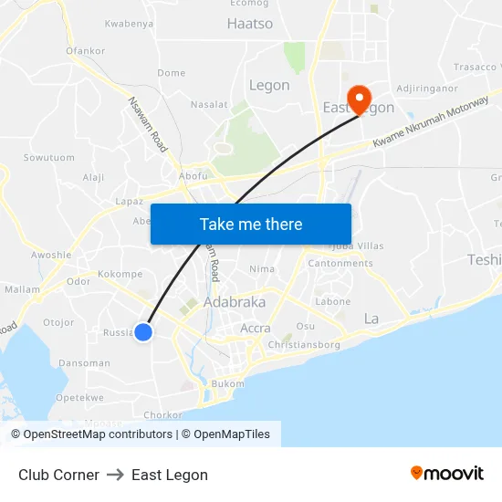 Club Corner to East Legon map