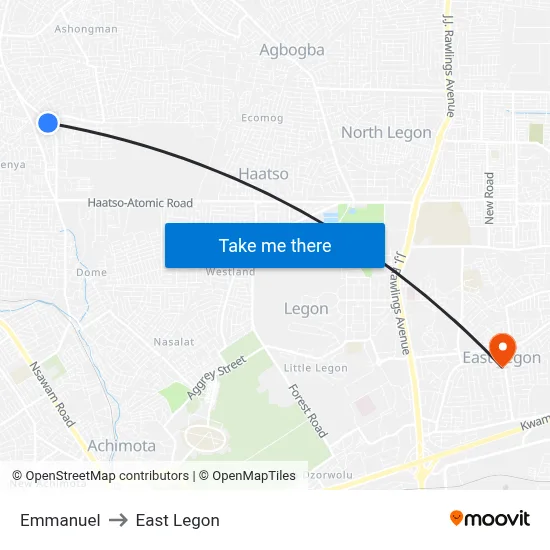 Emmanuel to East Legon map