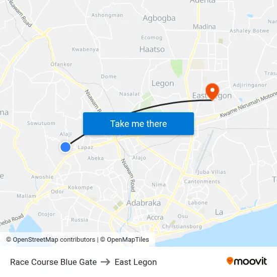 Race Course Blue Gate to East Legon map