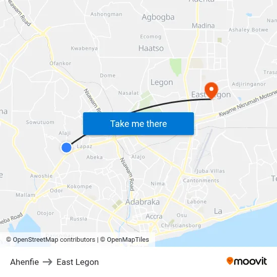 Ahenfie to East Legon map