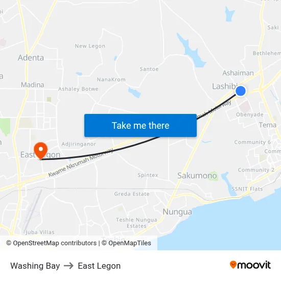 Washing Bay to East Legon map