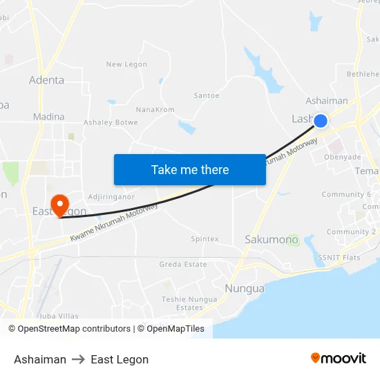 Ashaiman to East Legon map