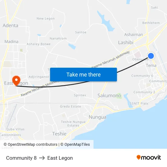 Community 8 to East Legon map
