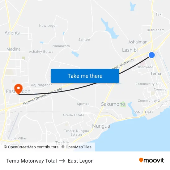 Tema Motorway Total to East Legon map