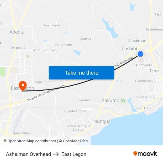 Ashaiman Overhead to East Legon map