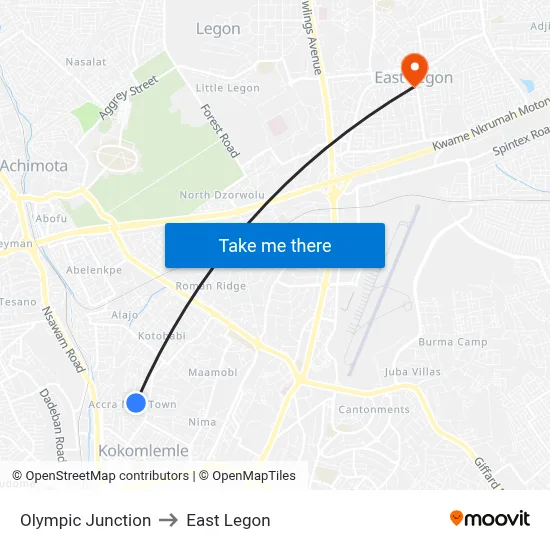 Olympic Junction to East Legon map