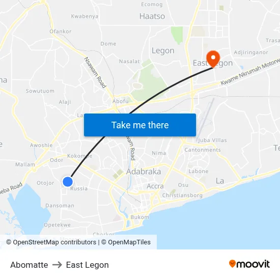 Abomatte to East Legon map