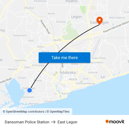 Dansoman Police Station to East Legon map