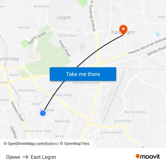 Ojawe to East Legon map