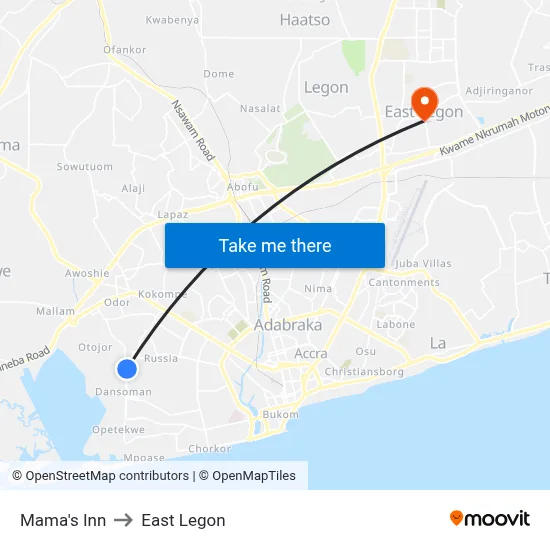 Mama's Inn to East Legon map