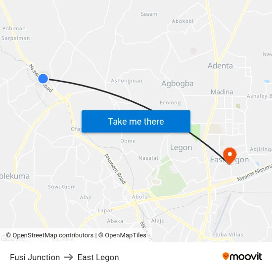 Fusi Junction to East Legon map