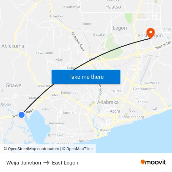 Weija Junction to East Legon map