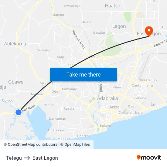 Tetegu to East Legon map