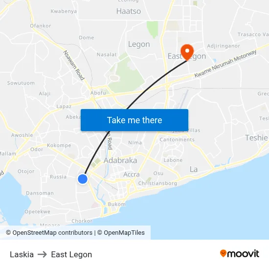 Laskia to East Legon map