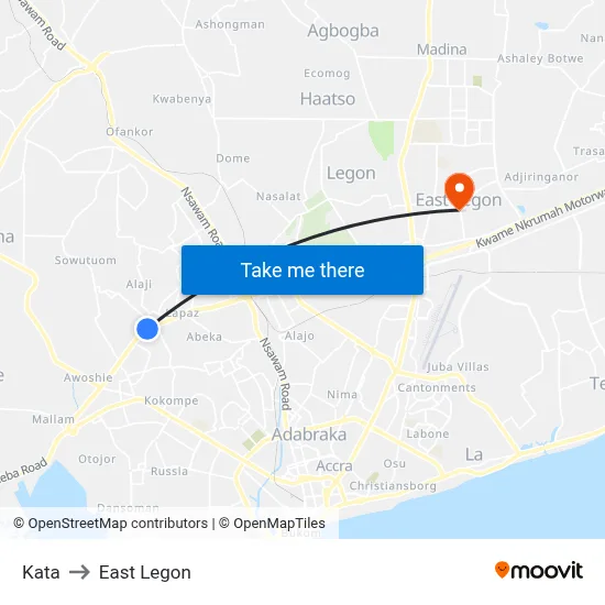 Kata to East Legon map