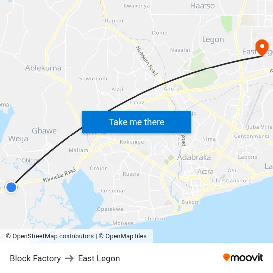 Block Factory to East Legon map