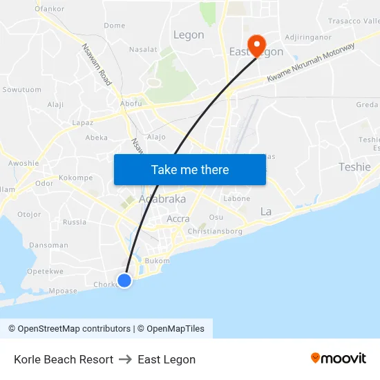 Korle Beach Resort to East Legon map