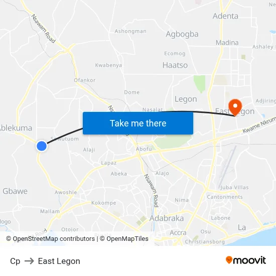 Cp to East Legon map