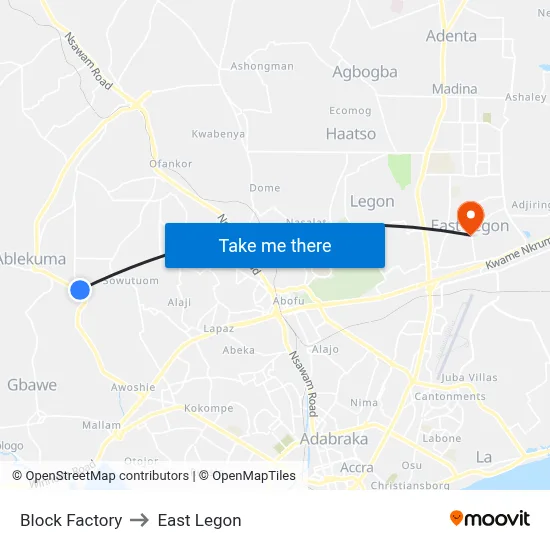 Block Factory to East Legon map