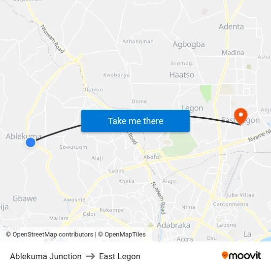Ablekuma Junction to East Legon map