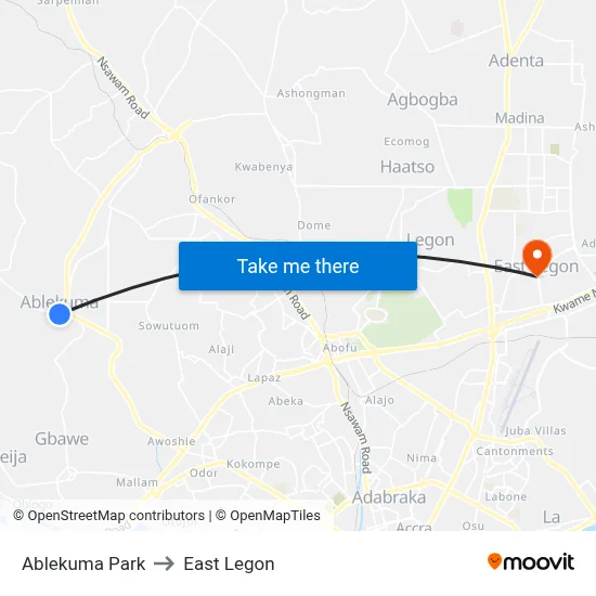 Ablekuma Park to East Legon map