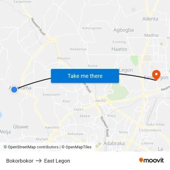 Bokorbokor to East Legon map
